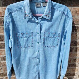 Vintage Lizwear Light Denim Shirt with Rhinestones Size L